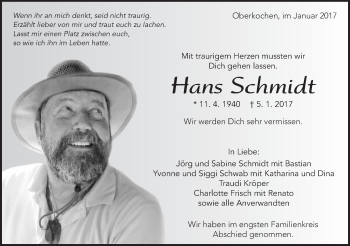 Traueranzeige von Hans Schmidt von Schwäbische Post