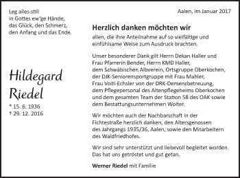 Traueranzeige von Hildegard Riedel von Schwäbische Post