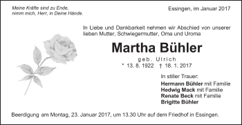 Traueranzeige von Martha Bühler von Schwäbische Post