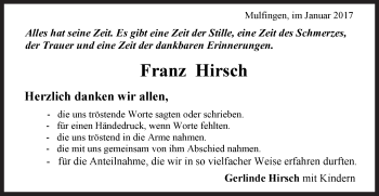 Traueranzeige von Franz Hirsch von Gmünder Tagespost