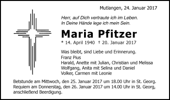 Traueranzeige von Maria Pfitzer von Gmünder Tagespost