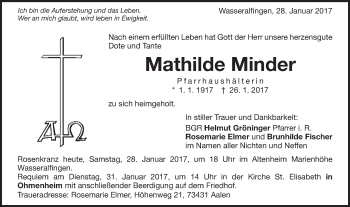 Traueranzeige von Mathilde Minder von Schwäbische Post