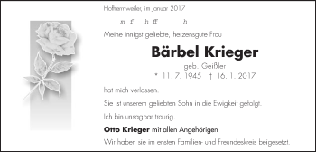 Traueranzeige von Bärbel Krieger von Schwäbische Post