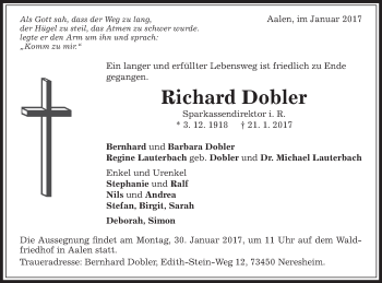 Traueranzeige von Richard Dobler von Schwäbische Post