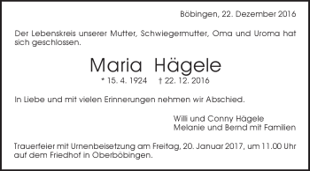 Traueranzeige von Maria Hägele