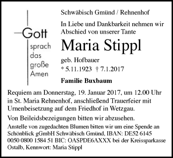 Traueranzeige von Maria Stippl von Gmünder Tagespost