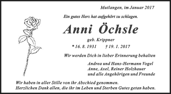 Traueranzeige von Anni Öchsle von Gmünder Tagespost