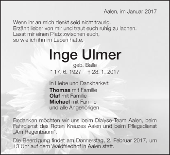 Traueranzeige von Inge Ulmer von Schwäbische Post