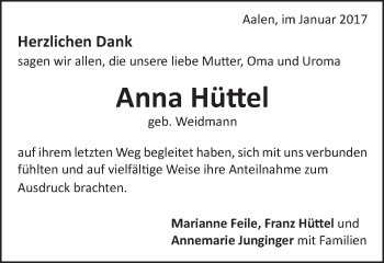 Traueranzeige von Anna Hüttel von Schwäbische Post