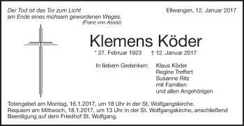 Traueranzeige von Klemens Köder von Schwäbische Post