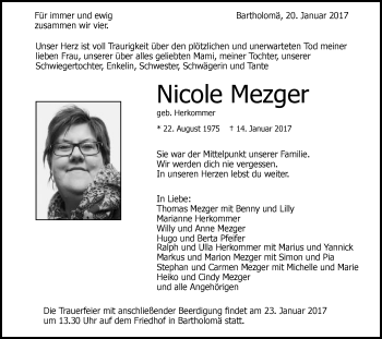 Traueranzeige von Nicole Mezger von Gmünder Tagespost
