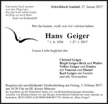 Traueranzeige von Hans Geiger von Gmünder Tagespost