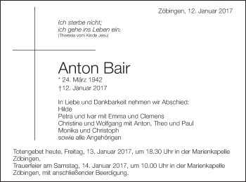 Traueranzeige von Anton Bair von Schwäbische Post