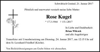 Traueranzeige von Rose Kugel von Gmünder Tagespost