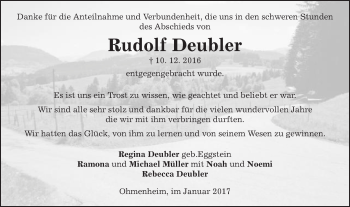 Traueranzeige von Rudolf Deubler von Schwäbische Post
