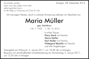 Traueranzeige von Maria Müller von Schwäbische Post