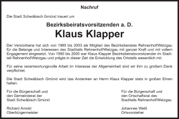 Traueranzeige von Klaus Klapper von Gmünder Tagespost