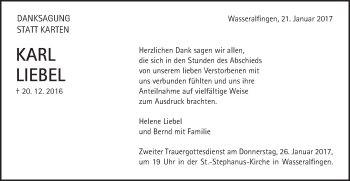 Traueranzeige von Karl Liebel von Schwäbische Post