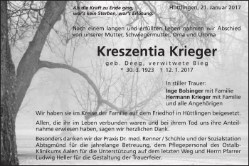 Traueranzeige von Kreszentia Krieger von Schwäbische Post
