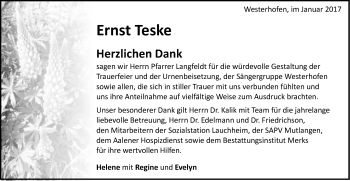 Traueranzeige von Ernst Teske von Schwäbische Post