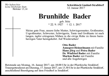 Traueranzeige von Brunhilde Bader von Schwäbische Post