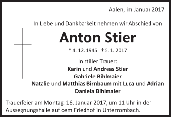 Traueranzeige von Anton Stier von Schwäbische Post