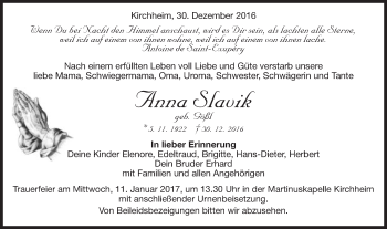 Traueranzeige von Anna Slavik von Schwäbische Post