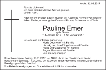 Traueranzeige von Pauline Emer von Schwäbische Post