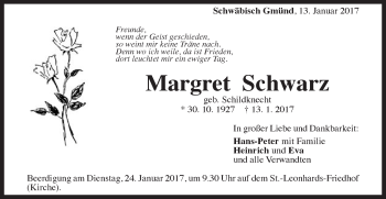 Traueranzeige von Margret Schwarz von Gmünder Tagespost