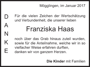 Traueranzeige von Franziska Haas von Gmünder Tagespost