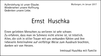 Traueranzeige von Ernst Huschka von Gmünder Tagespost
