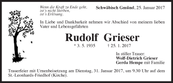 Traueranzeige von Rudolf Grieser von Gmünder Tagespost