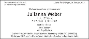 Traueranzeige von Julianna Weber von Schwäbische Post
