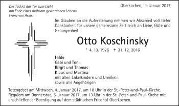 Traueranzeige von Otto Koschinsky von Schwäbische Post