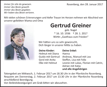 Traueranzeige von Gertrud Greiner von Schwäbische Post