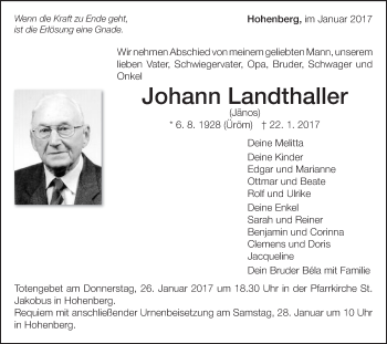 Traueranzeige von Johann Landthaller von Schwäbische Post