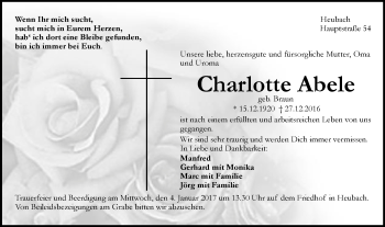 Traueranzeige von Charlotte Abele von Gmünder Tagespost
