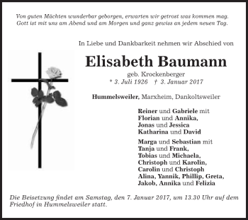 Traueranzeige von Elisabeth Baumann von Schwäbische Post