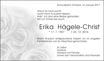 Traueranzeige von Erika Hägele-Christ von Gmünder Tagespost