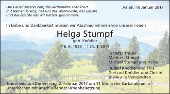 Traueranzeige von Helga Stumpf von Schwäbische Post