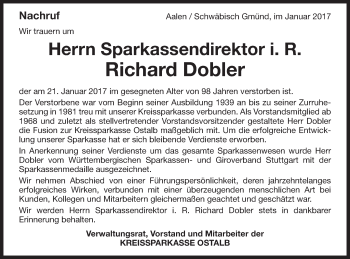 Traueranzeige von Richard Dobler von Schwäbische Post