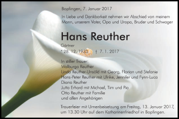 Traueranzeige von Hans Reuther von Schwäbische Post