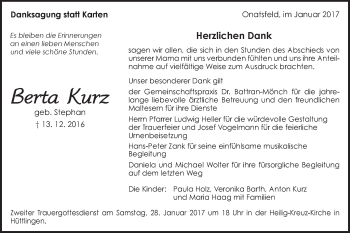 Traueranzeige von Berta Kurz von Schwäbische Post