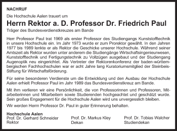 Traueranzeige von Friedrich Paul von Schwäbische Post