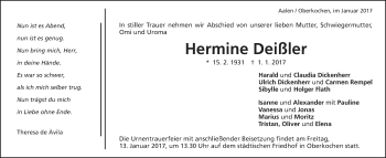 Traueranzeige von Hermine Deißler von Amtsblatt_Oko