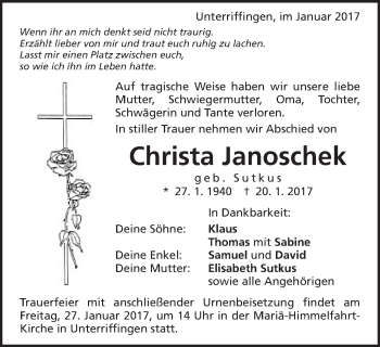 Traueranzeige von Christa Janoschek von Schwäbische Post