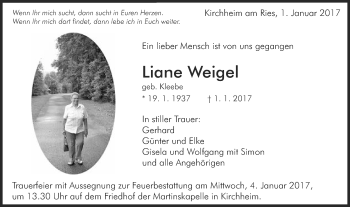 Traueranzeige von Liane Weigel von Schwäbische Post