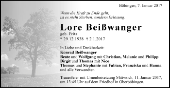 Traueranzeige von Lore Beißwanger von Gmünder Tagespost