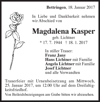 Traueranzeige von Magdalena Kasper von Gmünder Tagespost