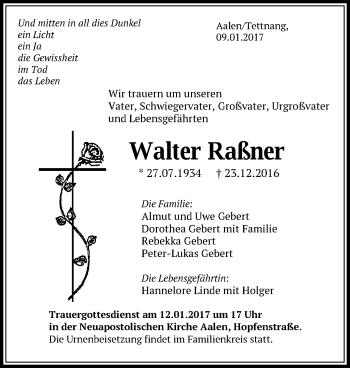 Traueranzeige von Walter Raßner von Schwäbische Post
